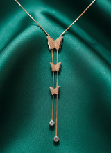 Elegant Rose Gold Triple Butterfly Tassel Pendant Necklace