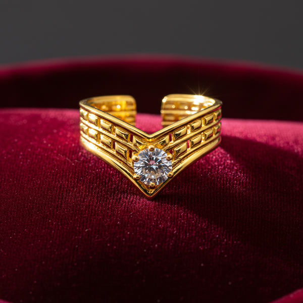 Elegant Structured Anti-Tarnish V-Shape Ring with CZ Stone
