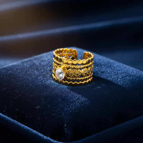 Elegant Textured Anti-Tarnish Layered Ring with CZ Stone