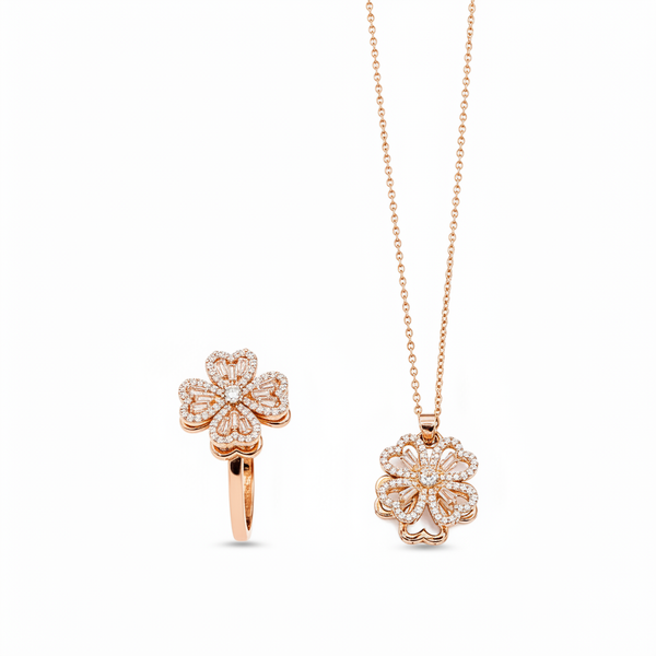 Elegant Rose Gold Floral CZ Pendant Necklace with Matching Designer Ring Set for Women