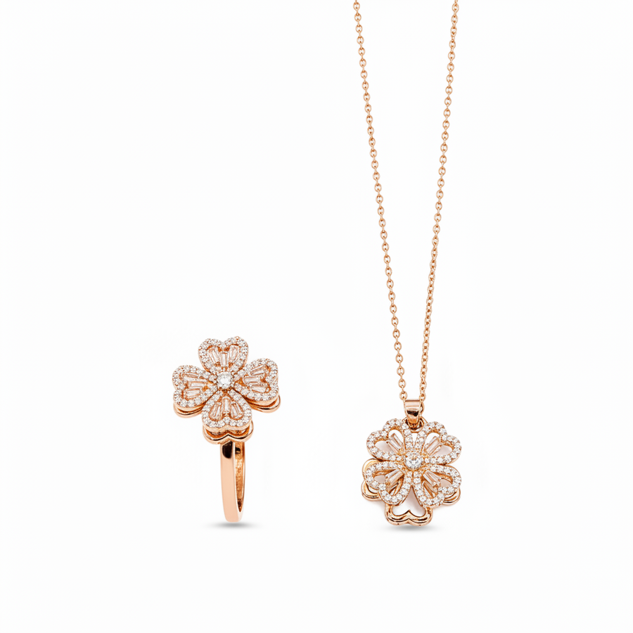Elegant Rose Gold Floral CZ Pendant Necklace with Matching Designer Ring Set for Women