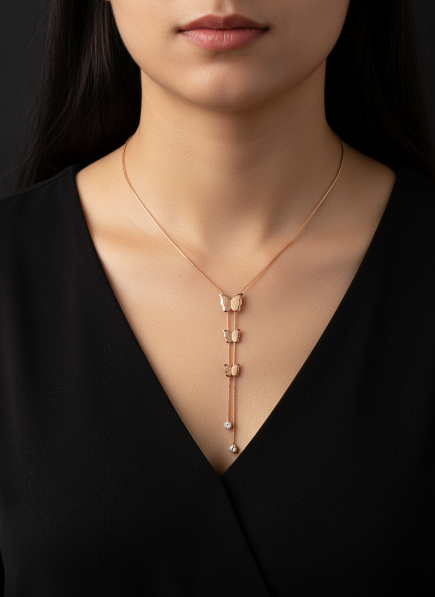 Elegant Rose Gold Triple Butterfly Tassel Pendant Necklace