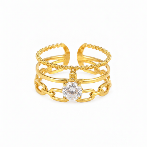 Luxury Triple Band Gold Ring with Brilliant Solitaire Stone