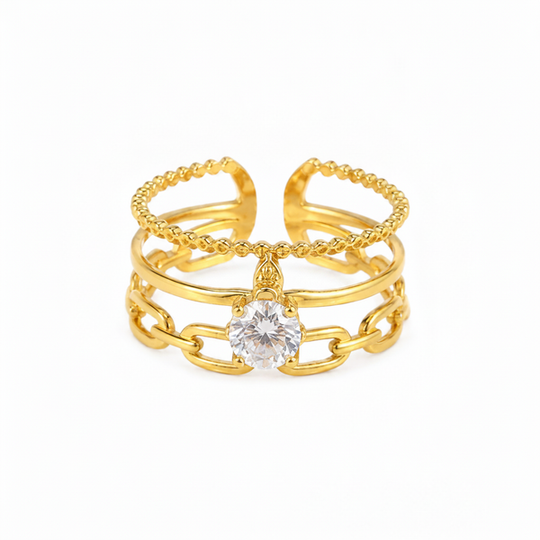 Luxury Triple Band Gold Ring with Brilliant Solitaire Stone