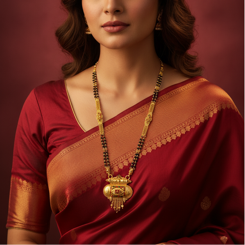 Bridal Traditional Black Bead Mangalsutra with Antique Pendant