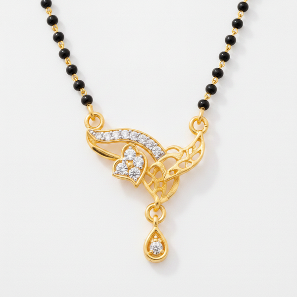 NXGOLD Designer Black Bead Mangalsutra with CZ Leaf Pendant