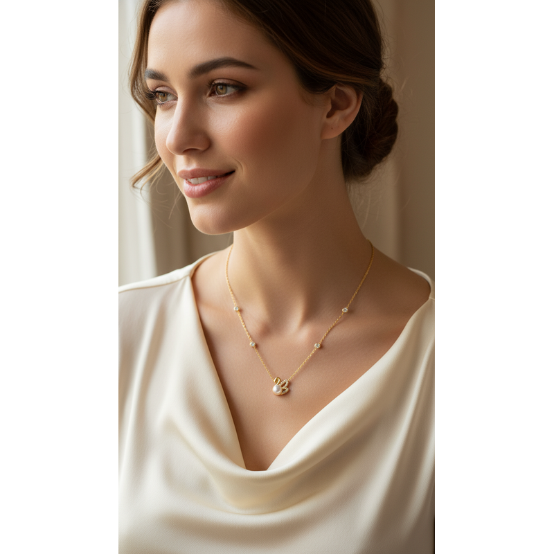 Graceful Swan Pearl Necklace with Sparkling CZ Stones