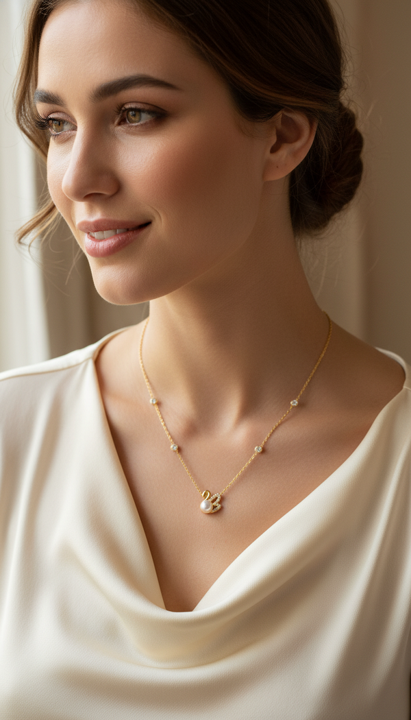 Graceful Swan Pearl Necklace with Sparkling CZ Stones