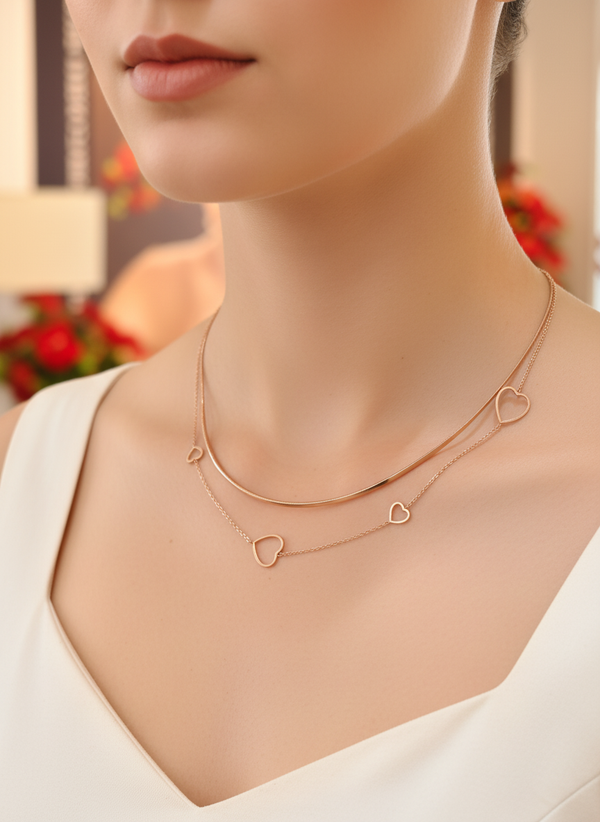 Elegant Rose Gold Double Layer Heart Charm Pendant Necklace