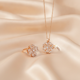 Elegant Rose Gold Floral CZ Pendant Necklace with Matching Designer Ring Set for Women