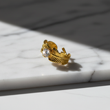 Elegant Leaf Texture Anti-Tarnish Ring with CZ Stone