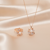 Elegant Rose Gold Pinwheel Pearl & CZ Pendant Necklace with Matching Ring Combo Set for Women