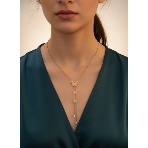 Elegant Rose Gold Triple Butterfly Tassel Pendant Necklace