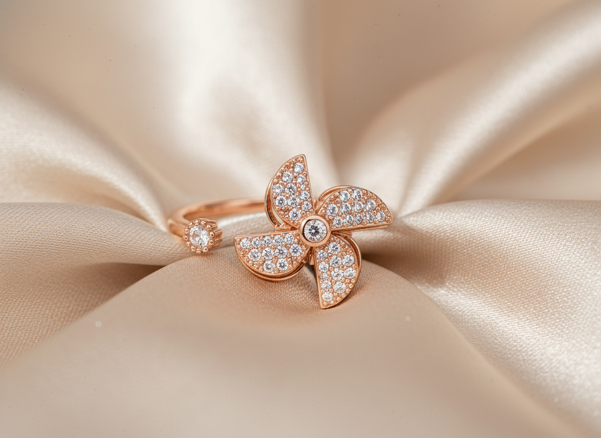 Rose Gold Floral CZ Adjustable Ring for Women