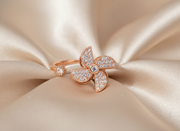 Rose Gold Floral CZ Adjustable Ring for Women