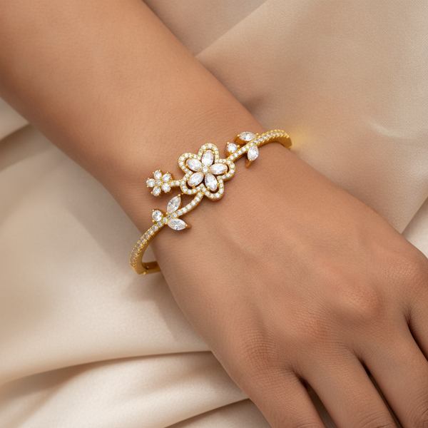 Luxury Floral CZ Open Kada Bracelet for Women