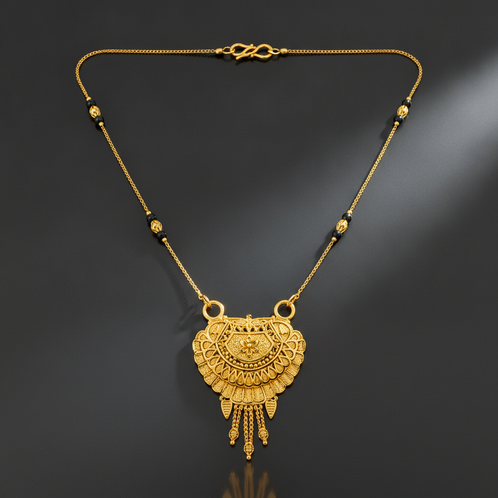 Traditional Black Bead Mangalsutra with Antique Floral Pendant