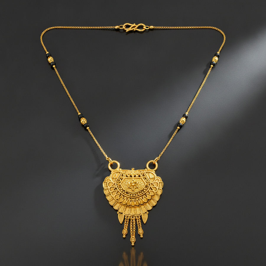 Traditional Black Bead Mangalsutra with Antique Floral Pendant