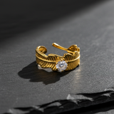Elegant Leaf Texture Anti-Tarnish Ring with CZ Stone