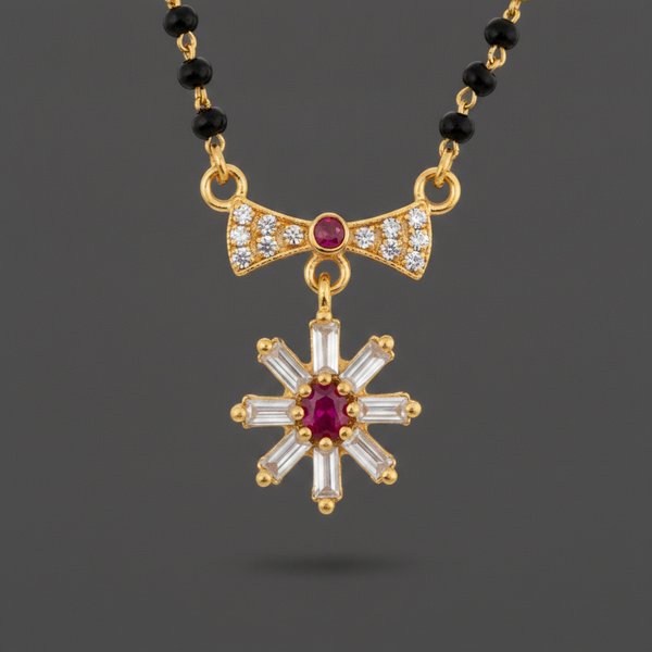 Traditional Mangalsutra with Red Stone & Sparkling CZ Flower Design