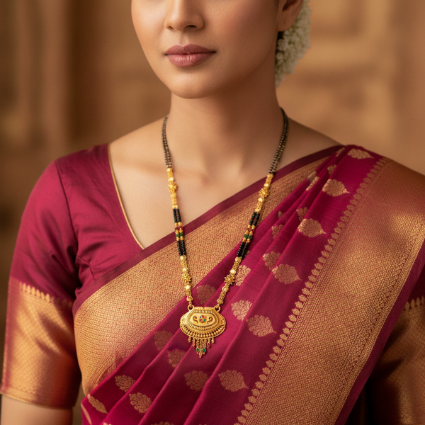 Royal Ethnic Black Bead Mangalsutra with Antique Oval Floral Pendant