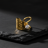 Elegant Anti-Tarnish Hammered Gold Ring with CZ Stone