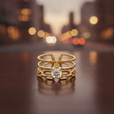 Luxury Triple Band Gold Ring with Brilliant Solitaire Stone