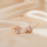 Elegant Rose Gold Floral CZ Pendant Necklace with Matching Designer Ring Set for Women