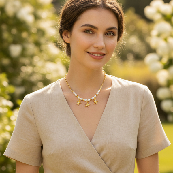 Dainty Starfish Pearl Beaded Necklace for Women & Girls