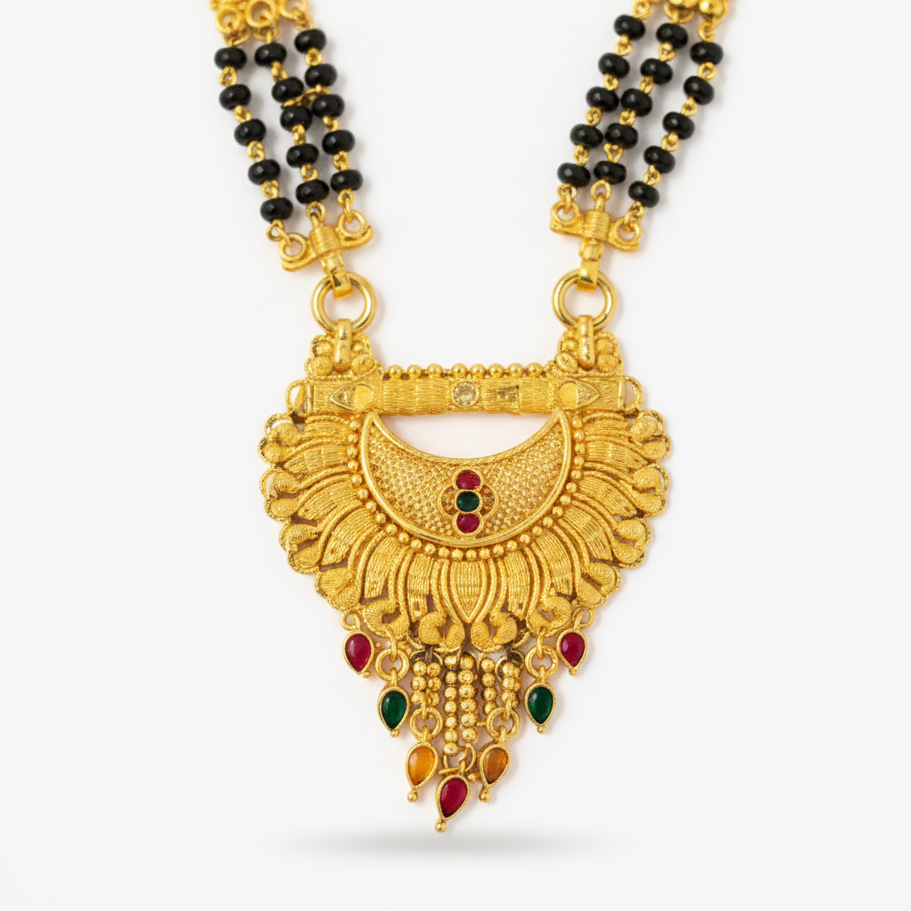Traditional Mangalsutra Necklace with Red & Green Stone Pendant