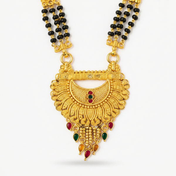 Traditional Mangalsutra Necklace with Red & Green Stone Pendant