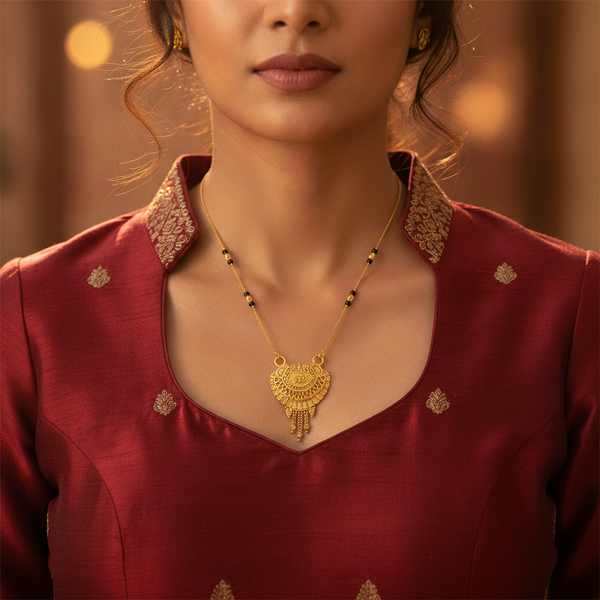 Traditional Black Bead Mangalsutra with Antique Floral Pendant
