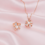 Elegant Rose Gold Pinwheel Pearl & CZ Pendant Necklace with Matching Ring Combo Set for Women