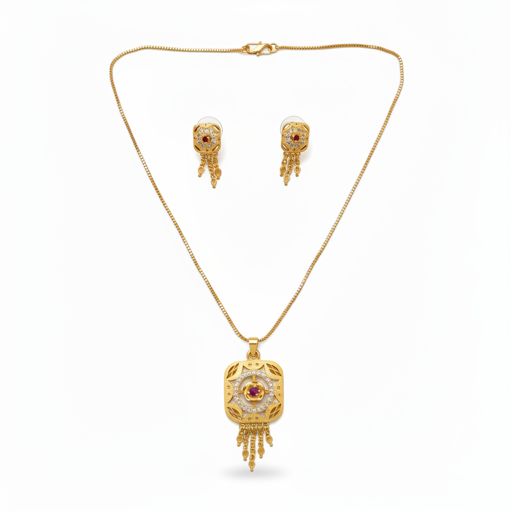 Designer Square Pendant Necklace with Matching Earrings