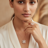 Elegant Rose Gold Floral CZ Pendant Necklace with Matching Designer Ring Set for Women