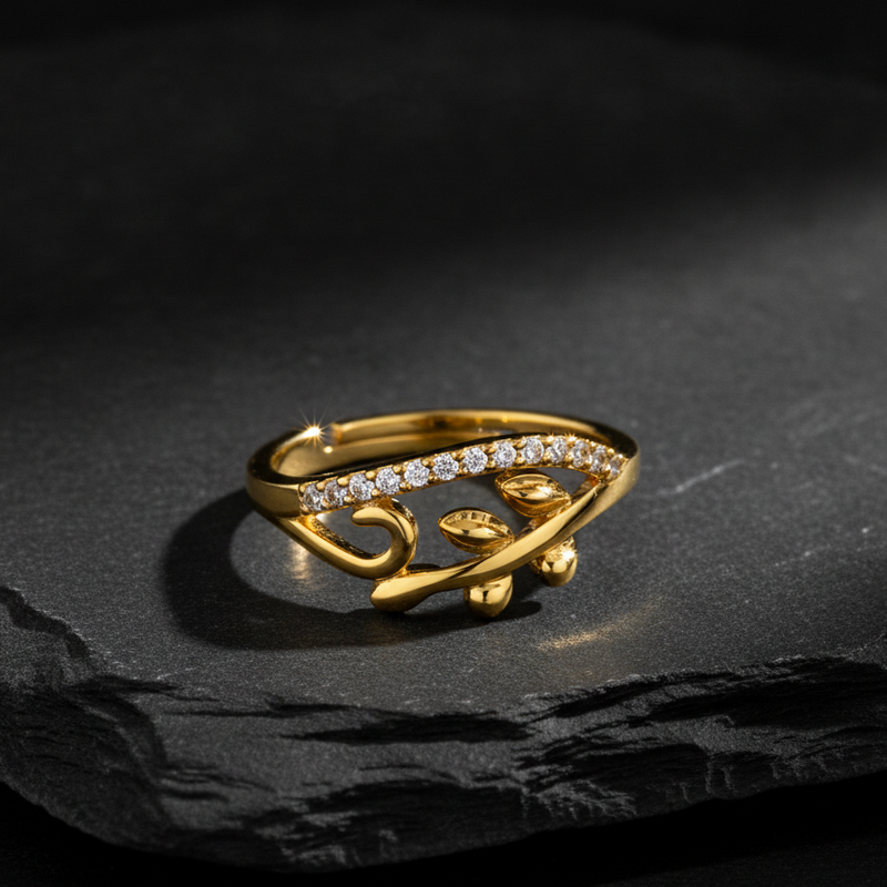 NXGOLD Nature Inspired Leaf Open Ring with Cubic Zirconia