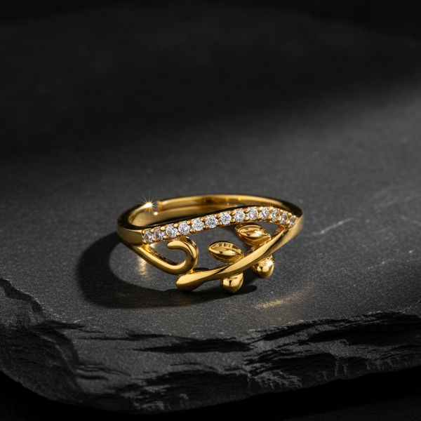 NXGOLD Nature Inspired Leaf Open Ring with Cubic Zirconia