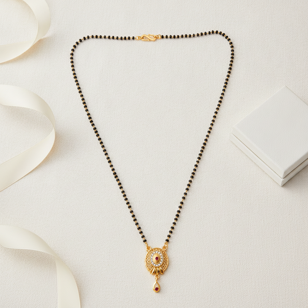 NXGOLD Antique Style Black Bead Mangalsutra with CZ & Ruby Pendant