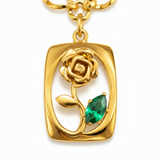Elegant Gold Rose Pendant Necklace with Green Crystal