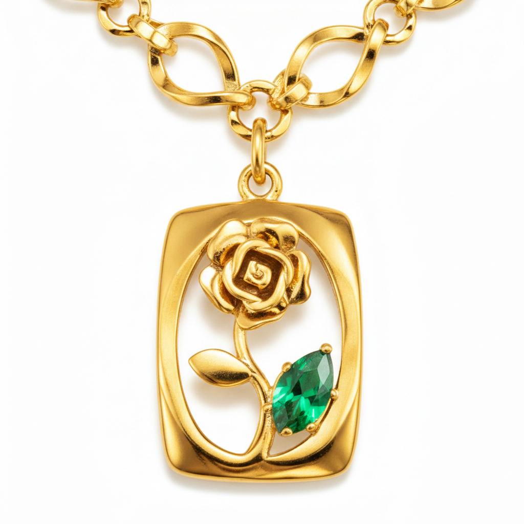 Elegant Gold Rose Pendant Necklace with Green Crystal