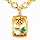 Elegant Gold Rose Pendant Necklace with Green Crystal