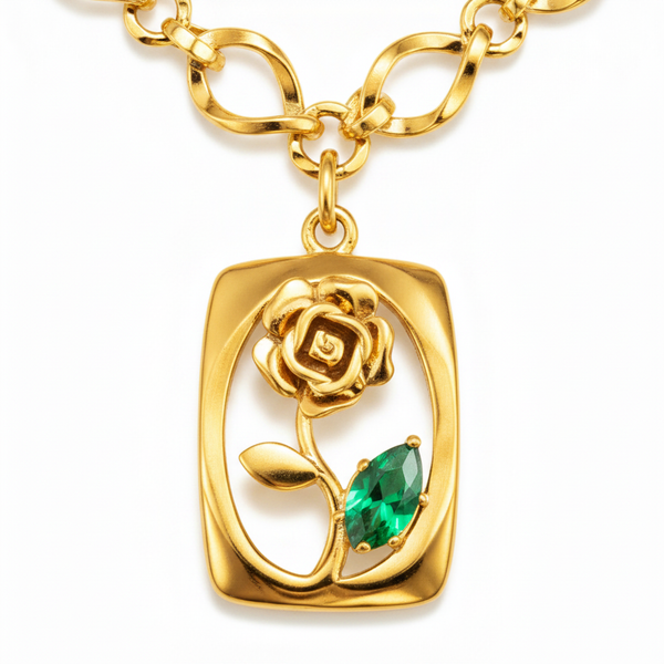Elegant Gold Rose Pendant Necklace with Green Crystal
