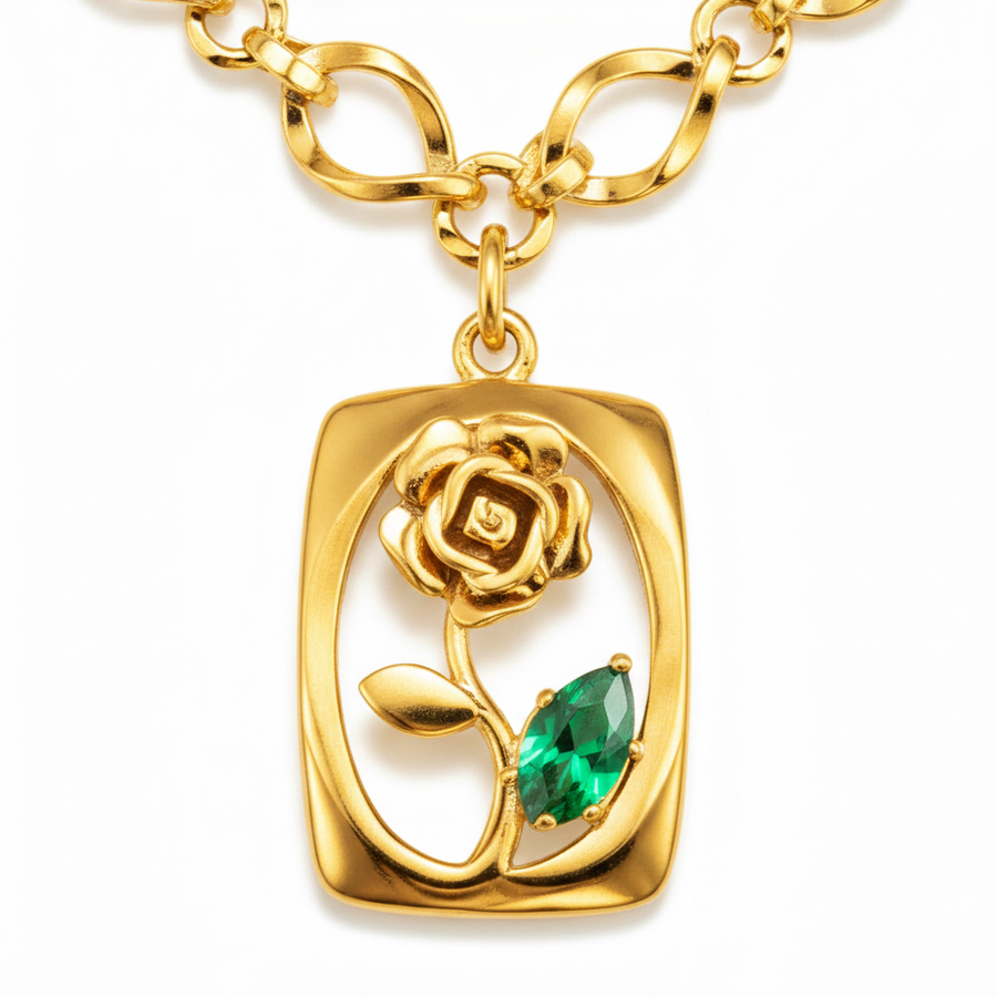 Elegant Gold Rose Pendant Necklace with Green Crystal