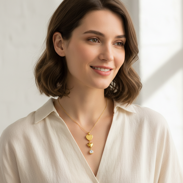 Golden Double Heart Crystal Pendant Necklace for Women