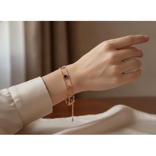 Rose Gold Double Layer Black Clover Bracelet for Women