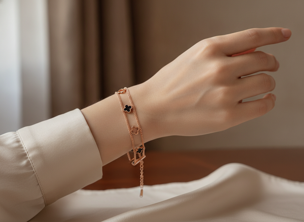 Rose Gold Double Layer Black Clover Bracelet for Women