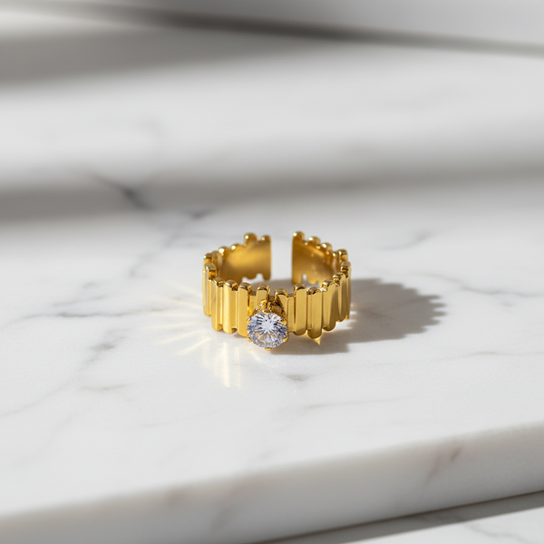 Elegant Structured Anti-Tarnish Gold Ring with CZ Stone