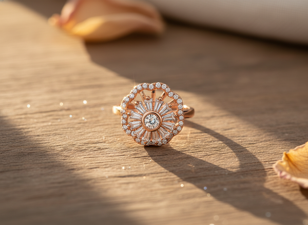Rose Gold Floral Halo Ring for Women