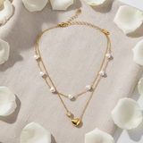 Golden Heart & Pearl Double Layer Necklace for Women