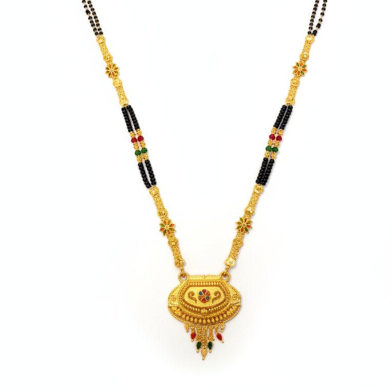 Royal Ethnic Black Bead Mangalsutra with Antique Oval Floral Pendant